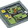 Cartoon Style Factory Scene Layout With Robot Arm Green Areas And Yellow Markers