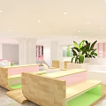 Modern Specialty Store Interior With White Curved Pillars Green Pink Shelves And Marble Floor
