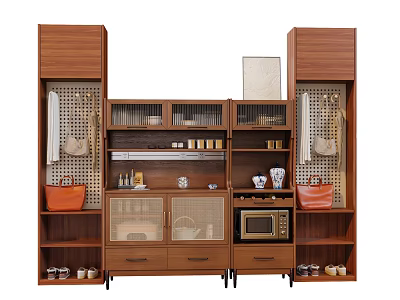 Modern Wooden Entryway Side Cabinet With Storage Shelves Drawers And Decorative Items 3d model