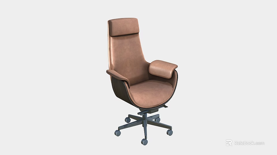 Brown Leather High Back Office Chair with Wide Armrests and Swivel Wheels 3d model 