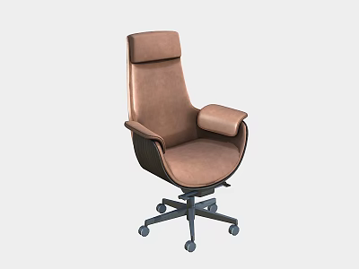 Brown Leather High Back Office Chair with Wide Armrests and Swivel Wheels 3d model