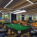 Modern Billiard Room With Pool Tables Cozy Sofas And Ceiling Lights
