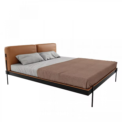 Double Bed With Brown Leather Headboard Gray Pillows White Mattress And Black Metal Frame Legs 3d model