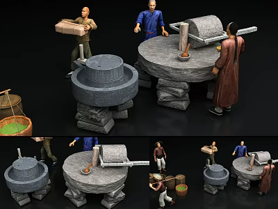 Decorative Garden Ornaments With Stone Mill Figurines Basket And Wooden Barrels 3d model