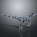 Realistic Velociraptor 3D Model With Gray Body And Blue Stripes Standing On Gray Background