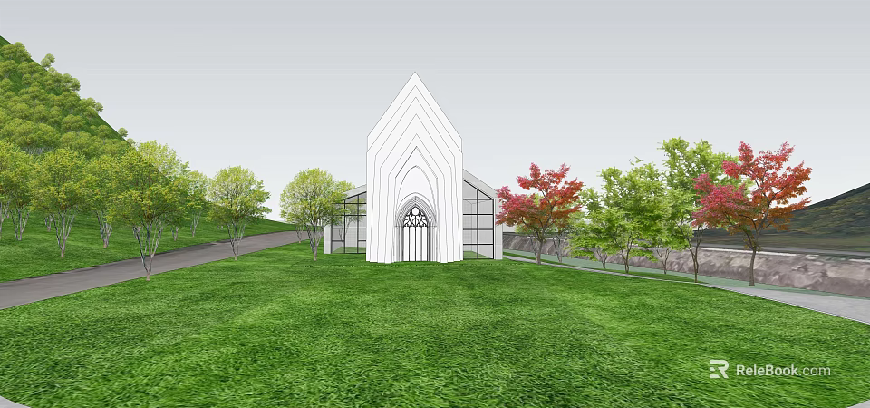 Ancient White Church With Pointed Roof Arched Doorway In Green Lawn With Red Leaf Trees 3d model 
