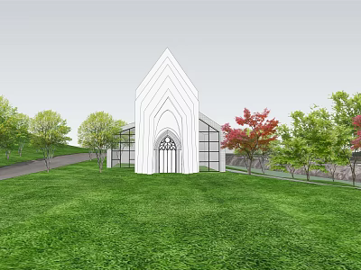 Ancient White Church With Pointed Roof Arched Doorway In Green Lawn With Red Leaf Trees 3d model