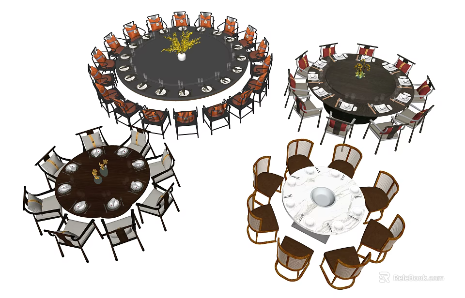 Modern Stylish Round Dining Table Set With Chairs And Table Centerpieces 3d model