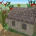 Cartoon Scene With Thatched Roof Hut Wooden Bridge Green Plants Red Flowers And Water