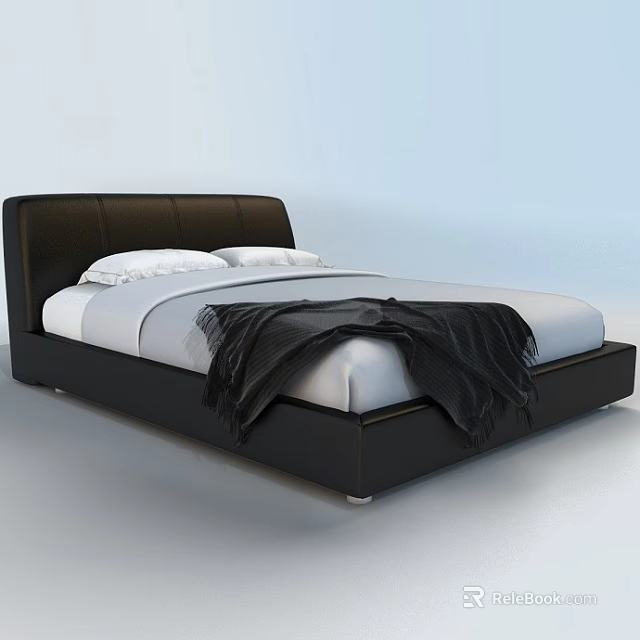 Modern Leather Double Bed With Black Headboard White Sheets And Black Blanket 3d model