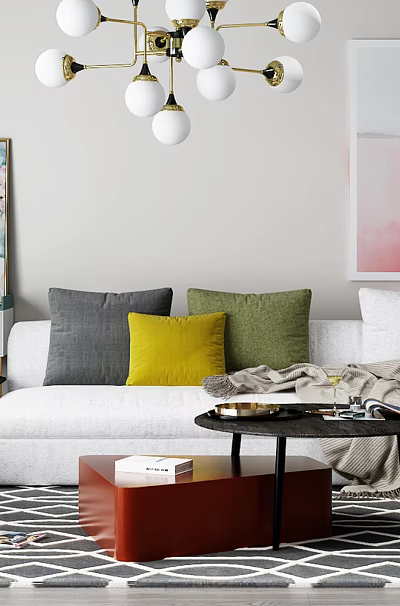 Modern Sofa and Coffee Table Combination With Colorful Pillows And Patterned Rug 3d model