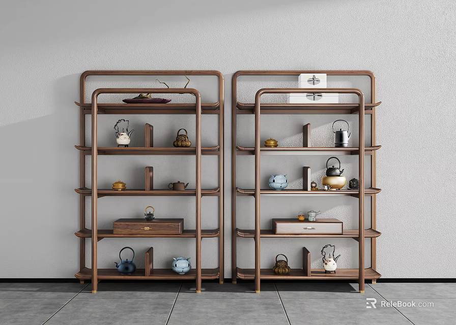 Minimalist Wooden Display Shelf With Tea Sets And Decorative Items In Modern Interior 3d model 
