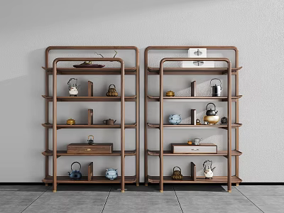 Minimalist Wooden Display Shelf With Tea Sets And Decorative Items In Modern Interior 3d model
