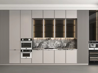 Modern Kitchen Interior Design With Marble Countertop Cabinets And Built in Ovens 3d model