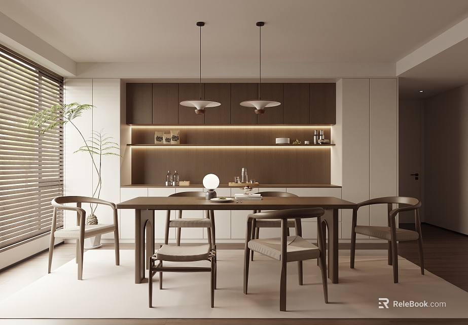 Modern Restaurant Interior With Open Concept Wooden Dining Table Chairs Pendant Lights And Decorative Plant 3d model 