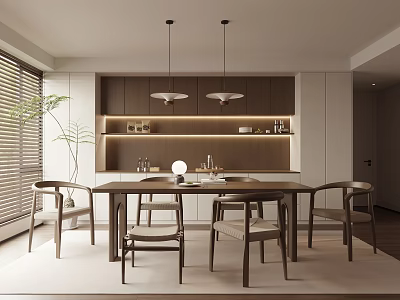 Modern Restaurant Interior With Open Concept Wooden Dining Table Chairs Pendant Lights And Decorative Plant 3d model