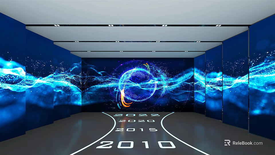 Futuristic Exhibition Hall With Blue Dynamic Waves Circular Glowing Pattern And Year Markers On Floor 3d model 