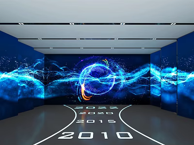 Futuristic Exhibition Hall With Blue Dynamic Waves Circular Glowing Pattern And Year Markers On Floor 3d model
