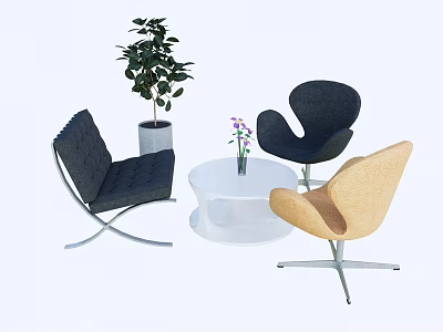 Modern Stylish Table Chair Set With Round White Table Black Beige Chairs And Plant 3d model