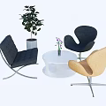 Modern Stylish Table Chair Set With Round White Table Black Beige Chairs And Plant