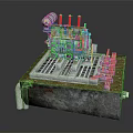 Electrical Switchgear Equipment On Concrete Base With Metal Grid And Red Components