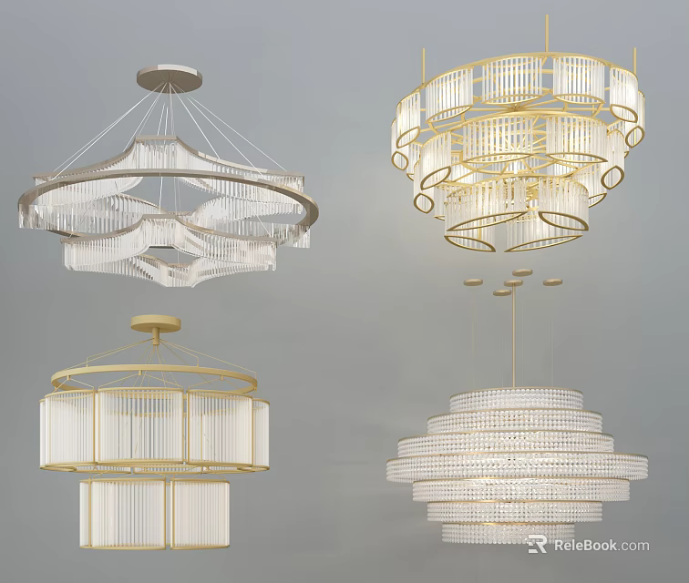 Elegant Modern Crystal Chandeliers With Circular Frames Layered Structure And Gold Accents 3d model