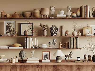 Wooden Shelf Decorative Ornament Set With Sculptures Vases Photo Frames And Books 3d model