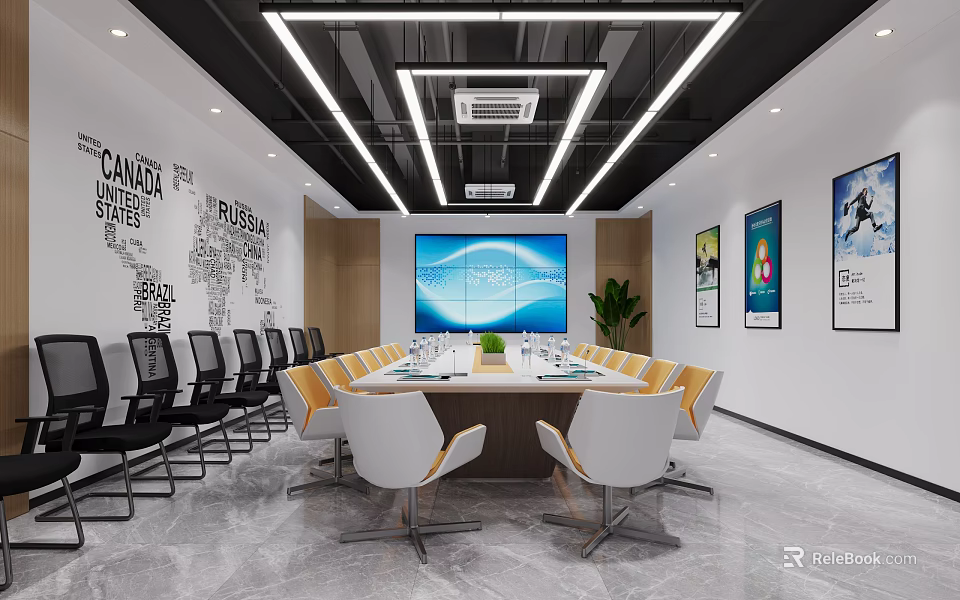 Modern Conference Room Interior Design With Oval Meeting Table Large Screen And Decorative Paintings 3d model 