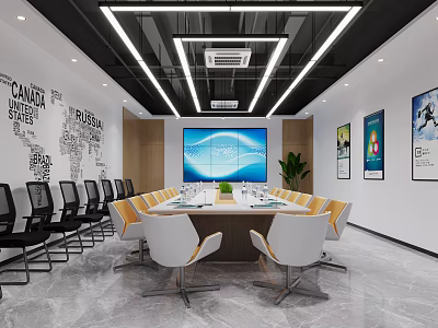 Modern Conference Room Interior Design With Oval Meeting Table Large Screen And Decorative Paintings 3d model