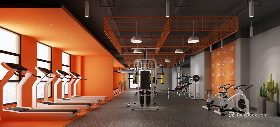 Modern Fitness Gym Interior With Orange Walls Gray Floors Treadmills And Weightlifting Equipment 3d model 