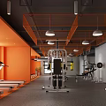 Modern Fitness Gym Interior With Orange Walls Gray Floors Treadmills And Weightlifting Equipment