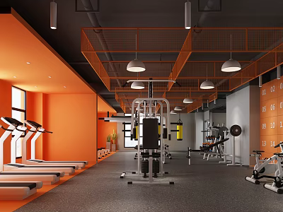 Modern Fitness Gym Interior With Orange Walls Gray Floors Treadmills And Weightlifting Equipment 3d model