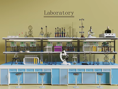 Laboratory Shelves Stocked With Microscope Beakers Test Tubes Distillation Apparatus And Blue Cabinets 3d model