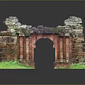Ancient Stone Archway With Ruined Red Brick Walls And Green Grass Reflection