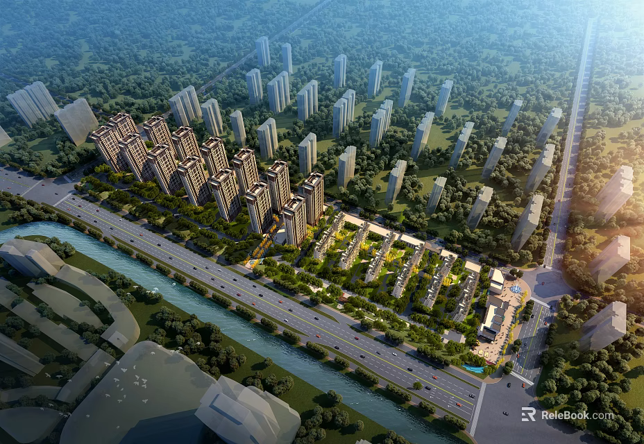 Aerial Planning of Modern Residential Complex With River Green Spaces and Roads 3d model 
