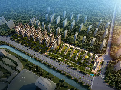Aerial Planning of Modern Residential Complex With River Green Spaces and Roads 3d model