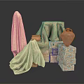 Sculptural Art Display With Beige Cloth Covered Objects Clay Jar And Wooden Chest Drawers