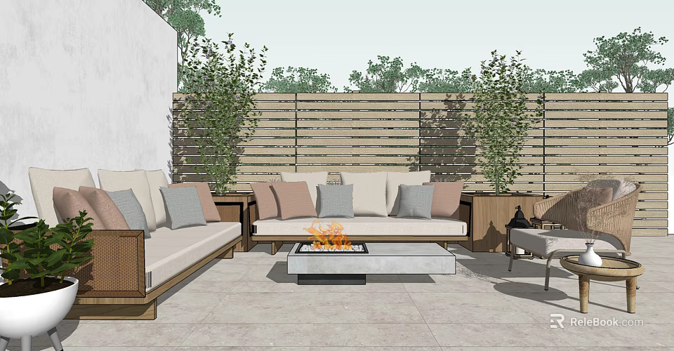 Cozy Outdoor Sofa With Fire Pit And Plants On Patio With Wooden Fence 3d model 