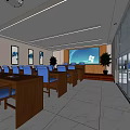 Public Office Space With Cubicles Computers Black Chairs Green Ceiling Decor Large Windows And Plants 3d model