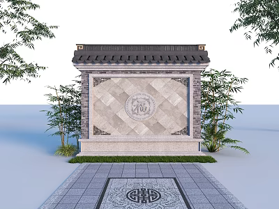 Traditional Chinese Scenic Wall With Black Tiled Roof Carved Fortune Pattern And Bamboo Plants 3d model
