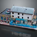 Detailed Two Story Building Model With White Walls Gray Roof Storefronts Windows And Doors