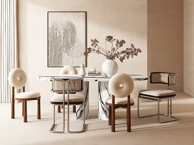 Modern Dining Table Set Featuring Round Backrest Chairs Woven Seats Vase Flowers And Beige Art 3d model