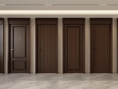 Wooden Brown Hinged Doors Interior Design With Intricate Panel Details And Metal Handles For Home Decor 3d model