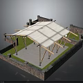 Outdoor Structure With White Canvas Canopy Wooden Pillars Brick Walls Concrete Floor And Grass Area