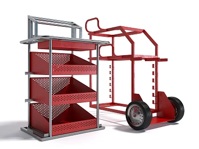 Red Metal Hardware Tool Cart With Shelves And Wheels 3d model