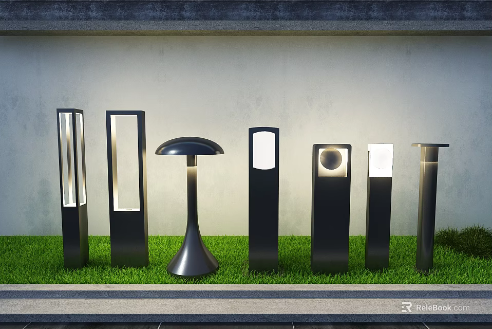 Modern Outdoor Lights With Various Contemporary Styles Placed On Green Grass Lawn 3d model 