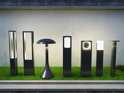 Modern Outdoor Lights With Various Contemporary Styles Placed On Green Grass Lawn 3d model