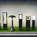 Modern Outdoor Lights With Various Contemporary Styles Placed On Green Grass Lawn