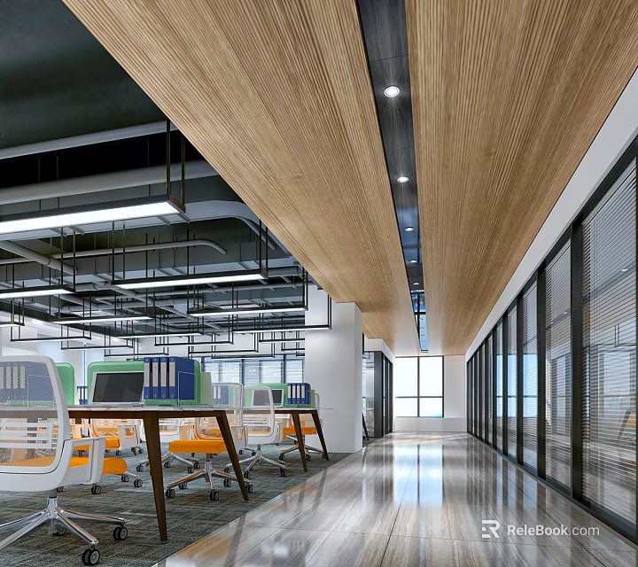 Modern Public Office Space Interior Design With Open Layout Desks Chairs And Glass Windows 3d model