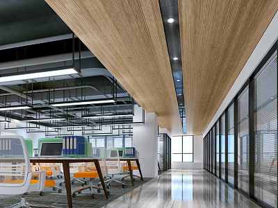 Modern Public Office Space Interior Design With Open Layout Desks Chairs And Glass Windows 3d model